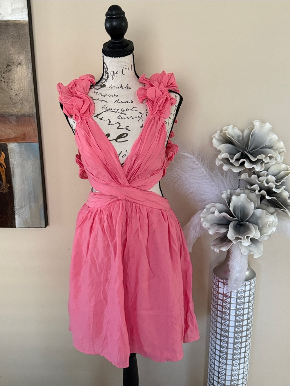 SHEIN Pink Floral-Ruffle Shoulder Mini Dress
